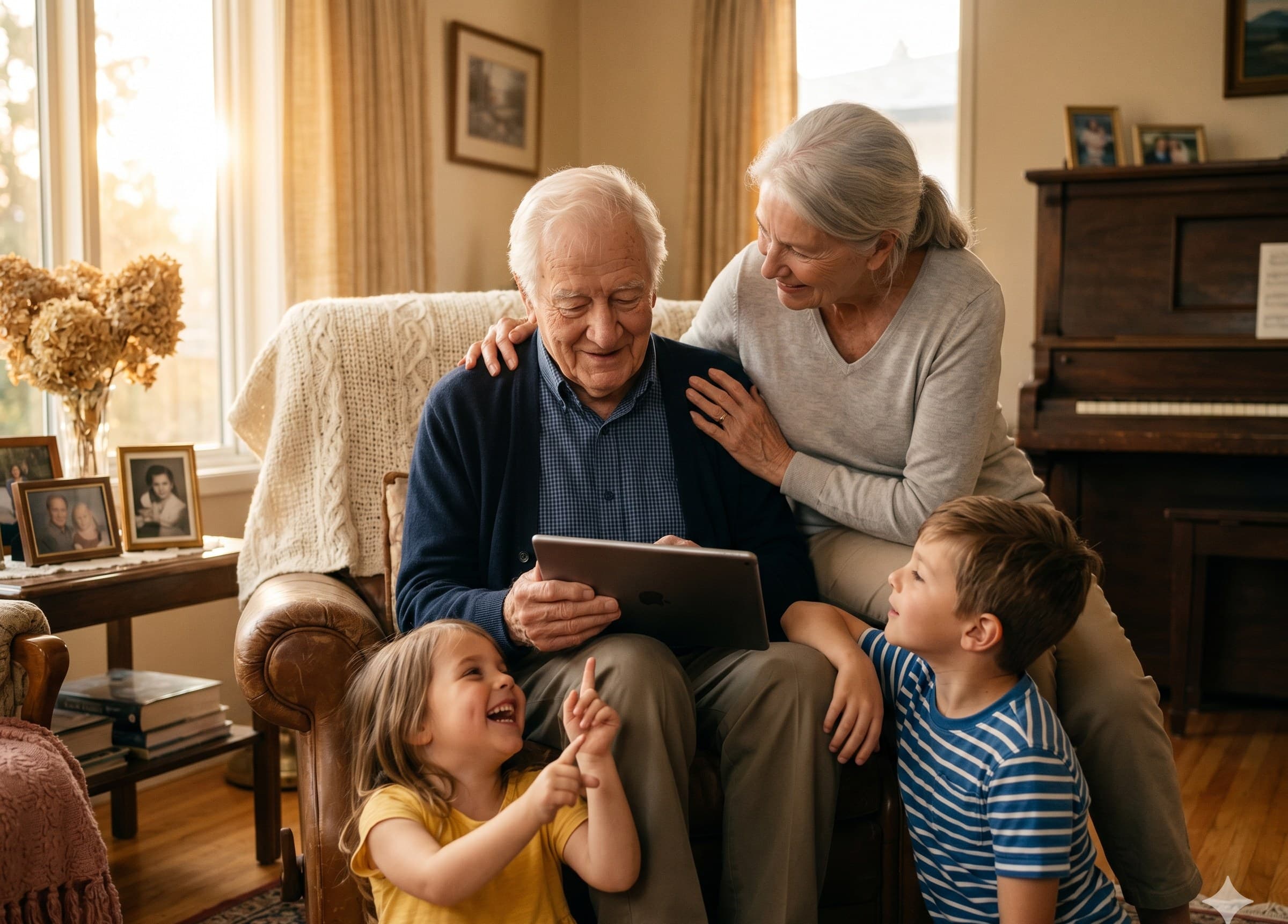 A grandfather holds an iPad while his wife and grandchildren sit around him in warm afternoon light.