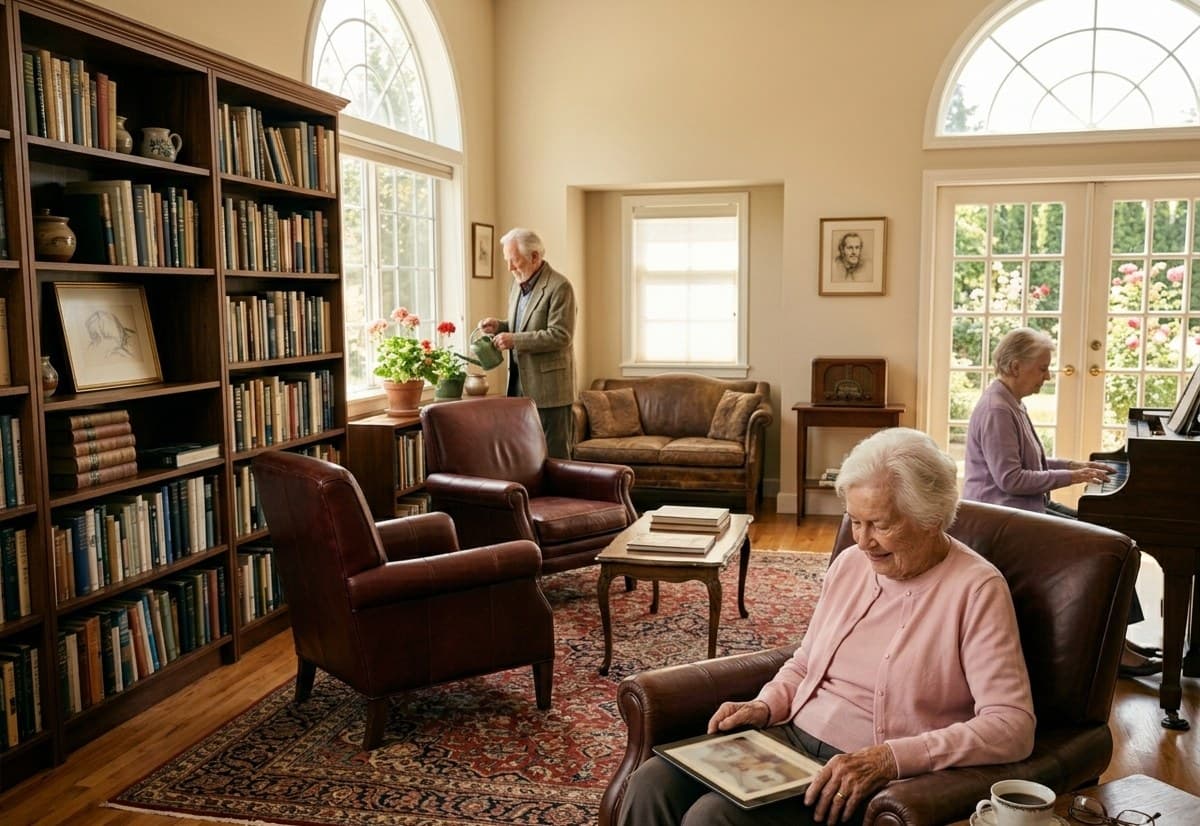 A bright care-home sitting room in afternoon light: a resident in an armchair looking at a tablet, another at the piano by garden doors, bookshelves and geraniums.